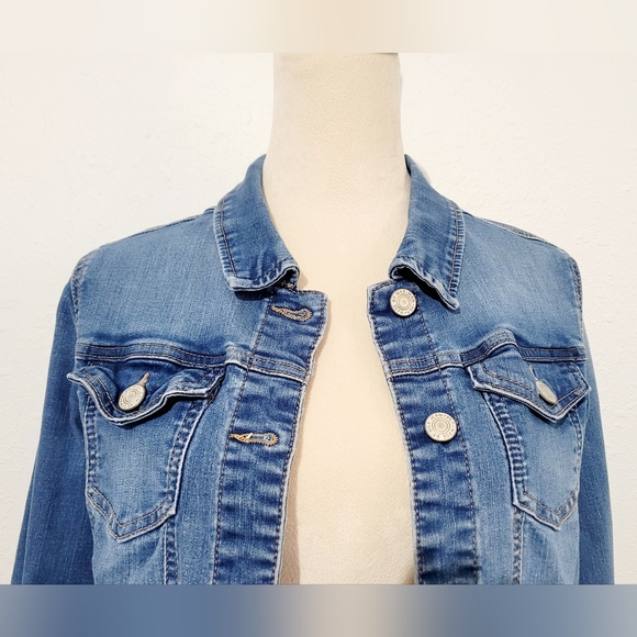 Wax Jean Trucker Denim Jacket Womens Size Medium Stretch Cropped Medium Wash - Picture 3 of 12
